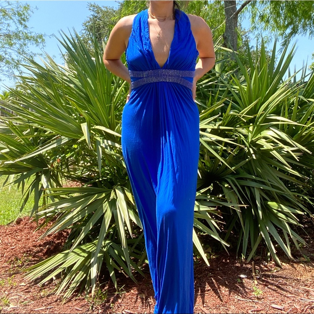 Sky Royal Blue Halter Maxi Dress with Embellished Waist